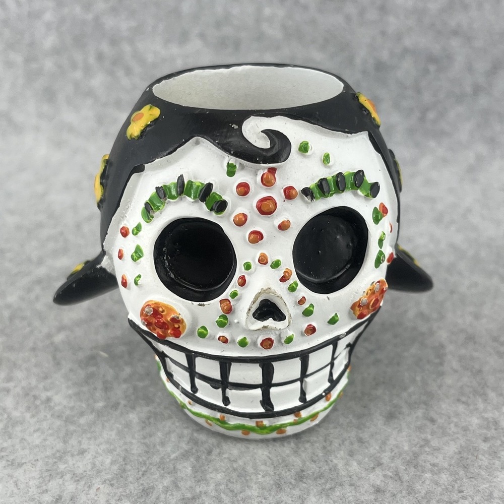 Hand Painted Ceramic Skull Figurine Small Floral Day Of The Dead Halloween Decor